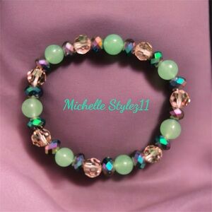 Green Jade and Pink Crystal Beaded Bracelet
